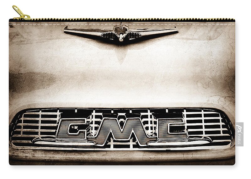 1956 Gmc 100 Deluxe Edition Pickup Truck Hood Ornament Zip Pouch featuring the photograph 1956 GMC 100 Deluxe Edition Pickup Truck Hood Ornament - Grille Emblem #3 by Jill Reger