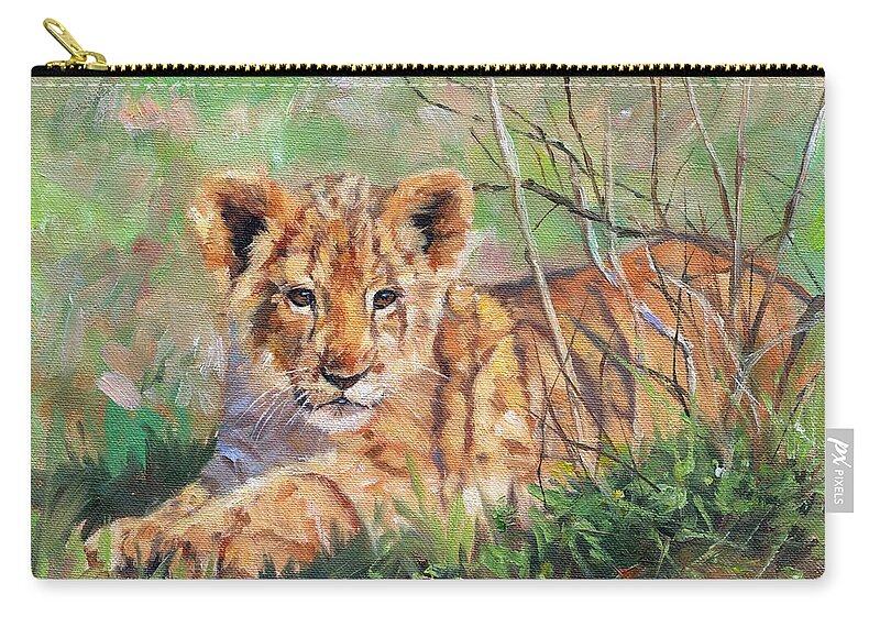 Lion Zip Pouch featuring the painting Lion Cub #3 by David Stribbling