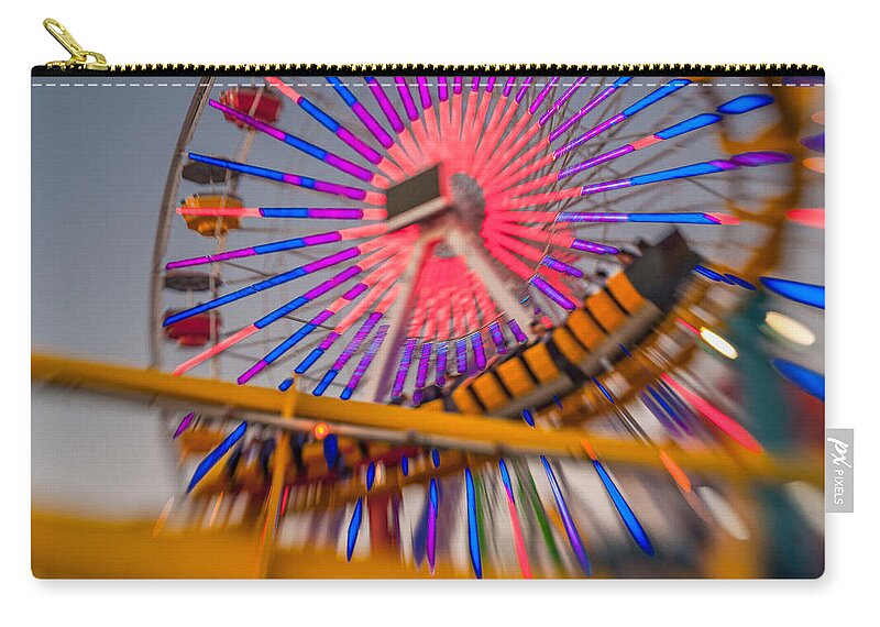 Amusement Park Zip Pouch featuring the photograph Santa Monica Pier Ferris Wheel and Roller Coaster at Dusk #1 by Scott Campbell