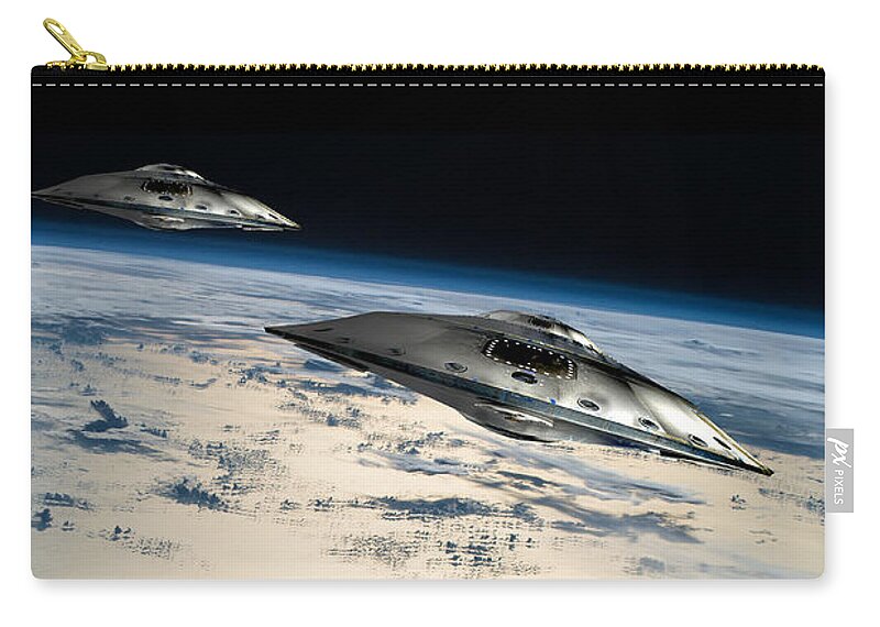 Area 51 Zip Pouch featuring the photograph Spaceships In Orbit Over Earth #3 by Marc Ward