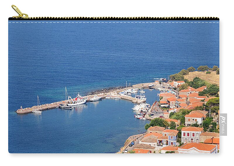 Lesvos; Lesbos; Molyvos; Molivos; Mithymna; Methymna; Village; Town; Port; Harbor; Castle; Fortress; Islands; House; Houses; Red; Roofs; Sea; Greece; Greek; Island Zip Pouch featuring the photograph View of Molyvos village from the castle #1 by George Atsametakis