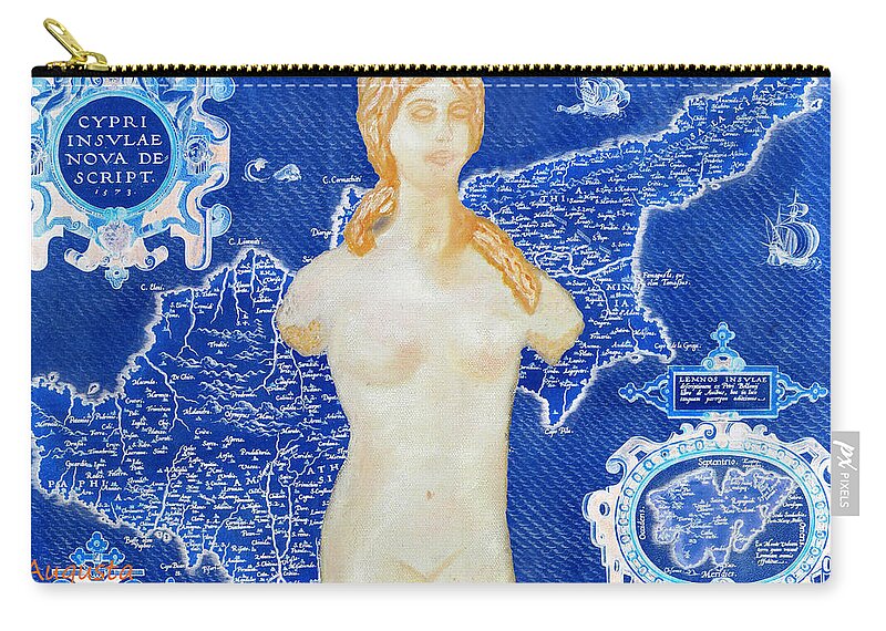 Augusta Stylianou Zip Pouch featuring the digital art Ancient Cyprus Map and Aphrodite by Augusta Stylianou