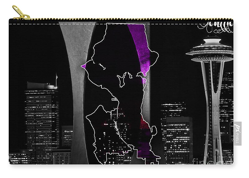 Seattle Art Zip Pouch featuring the mixed media Seattle Map and Skyline Watercolor #5 by Marvin Blaine