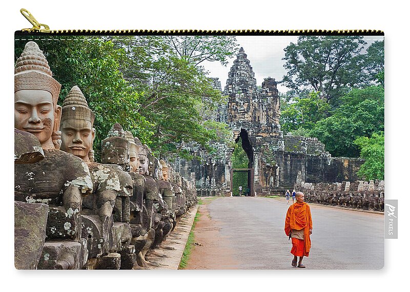 Cambodia Zip Pouch featuring the photograph 54 Gods And A Monk by David Freuthal