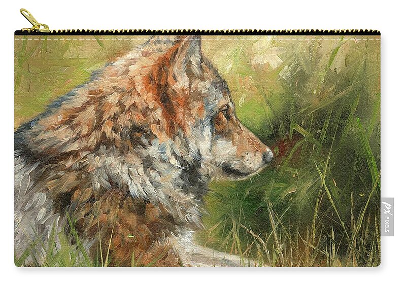 Wolf Zip Pouch featuring the painting Grey Wolf #6 by David Stribbling