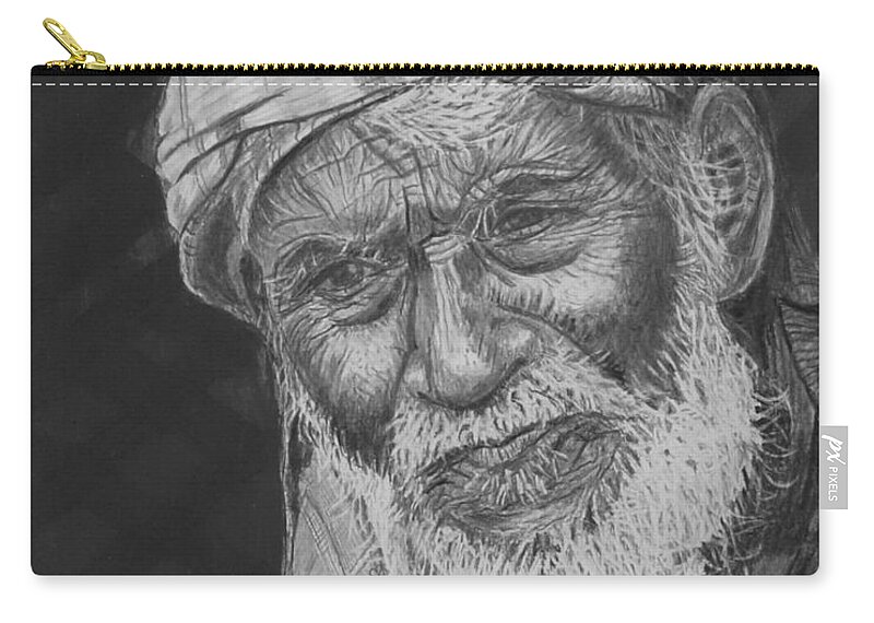 Old Man Zip Pouch featuring the drawing A Fly on his Turban by Quwatha Valentine