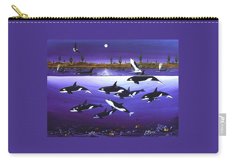 Orcas Zip Pouch featuring the painting A Pod Of Desert Orcas by Lance Headlee