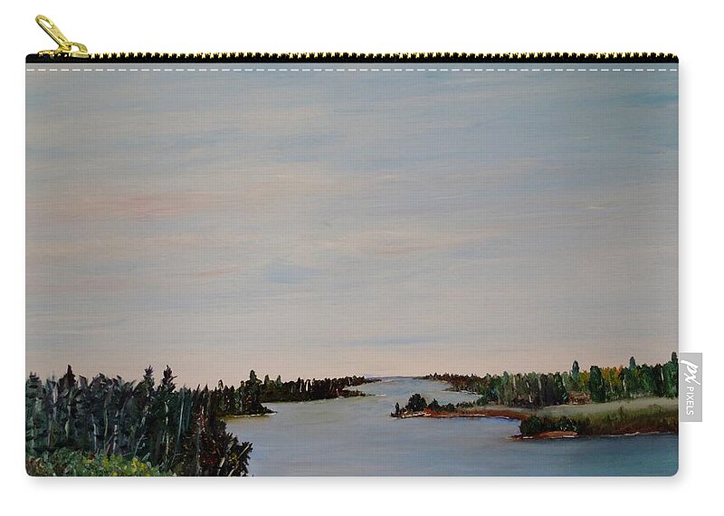 Manigotagan River Zip Pouch featuring the painting A river shoreline by Marilyn McNish