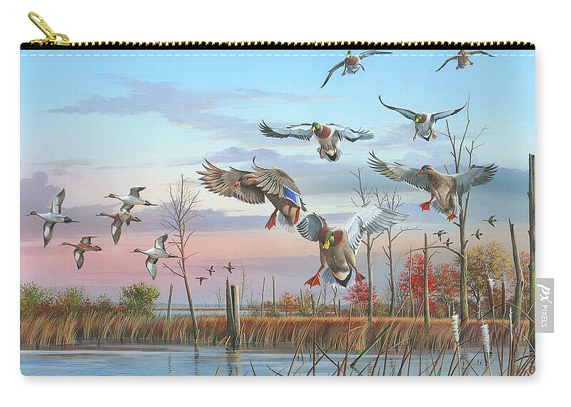 Mallards Zip Pouch featuring the painting A Safe Return by Mike Brown