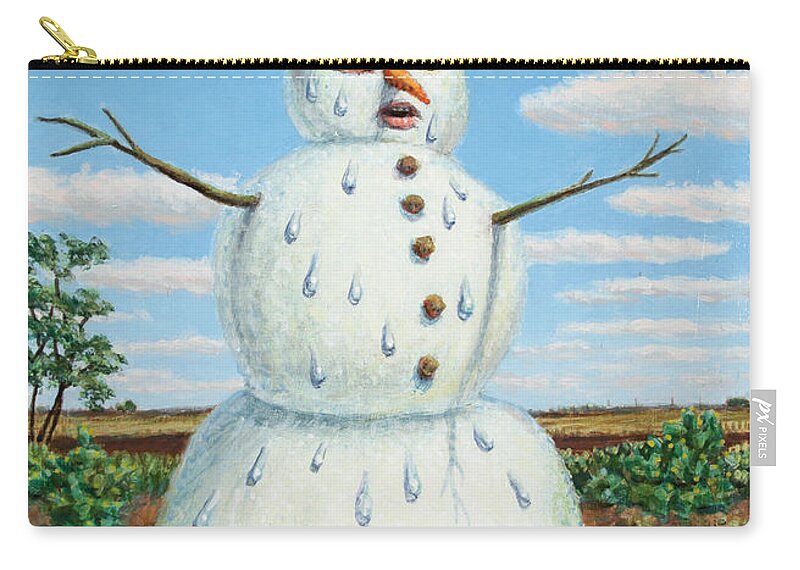 Snowman Zip Pouch featuring the painting A Snowman in Texas by James W Johnson