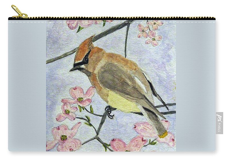 Waxwing Paintings Zip Pouch featuring the painting A Waxwing In The Dogwood by Angela Davies