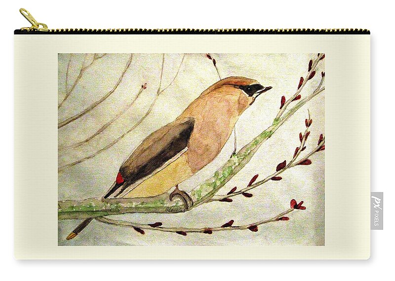 Waxwings Zip Pouch featuring the painting A Waxwing In The Orchard by Angela Davies