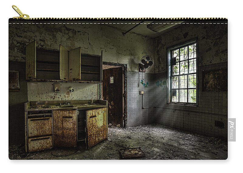 Spooky Places Zip Pouch featuring the photograph Abandoned building - Old asylum - Open cabinet doors by Gary Heller