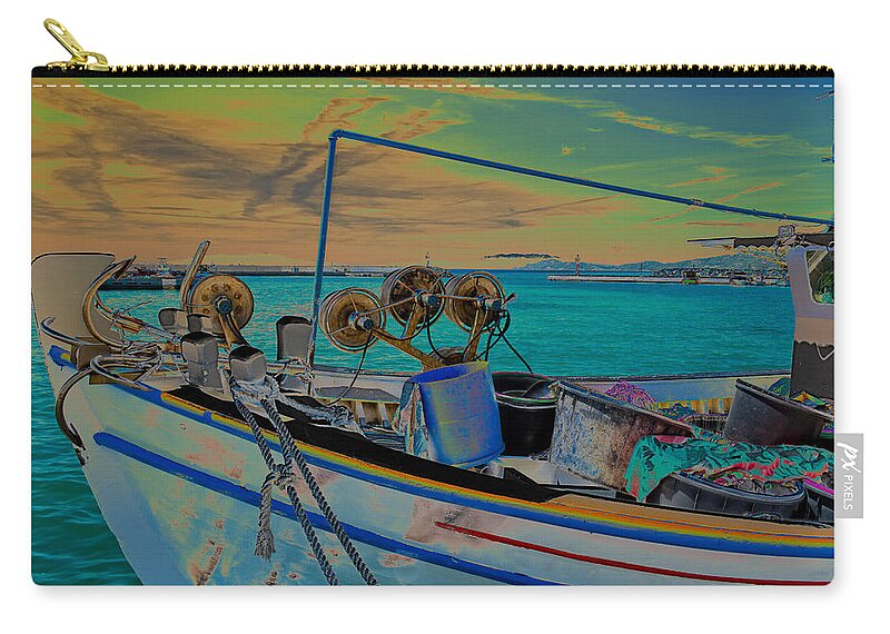 Aegean Zip Pouch featuring the digital art Abstract Fishing Boat by Roy Pedersen