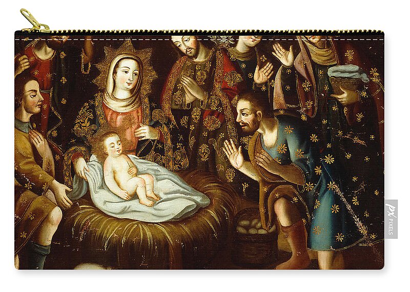 Nativity Zip Pouch featuring the painting Adoration of the Sheperds by Gaspar Miguel de Berrio