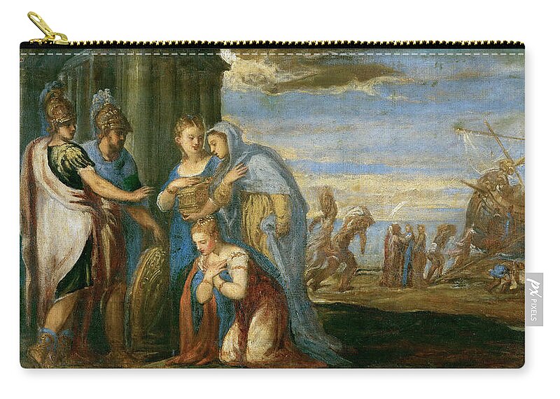 Andrea Schiavone Zip Pouch featuring the painting Aeneas Taking Leave of Dido by Andrea Schiavone