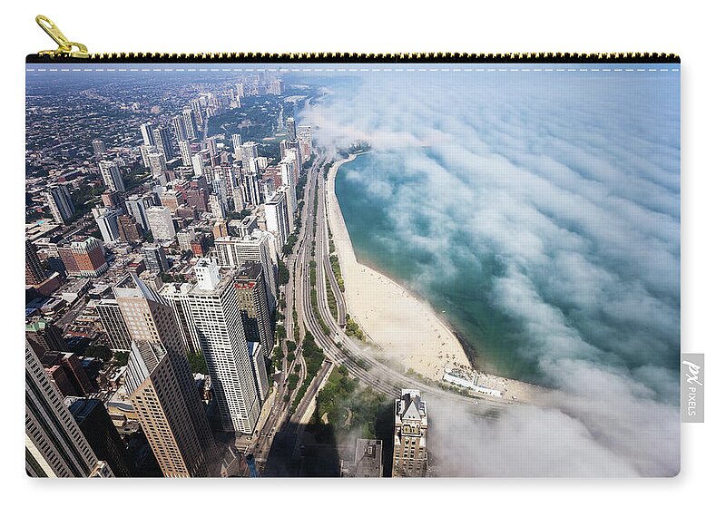 Lake Michigan Zip Pouch featuring the photograph Aerial View Of Chicago Lakeshore With by Stevegeer