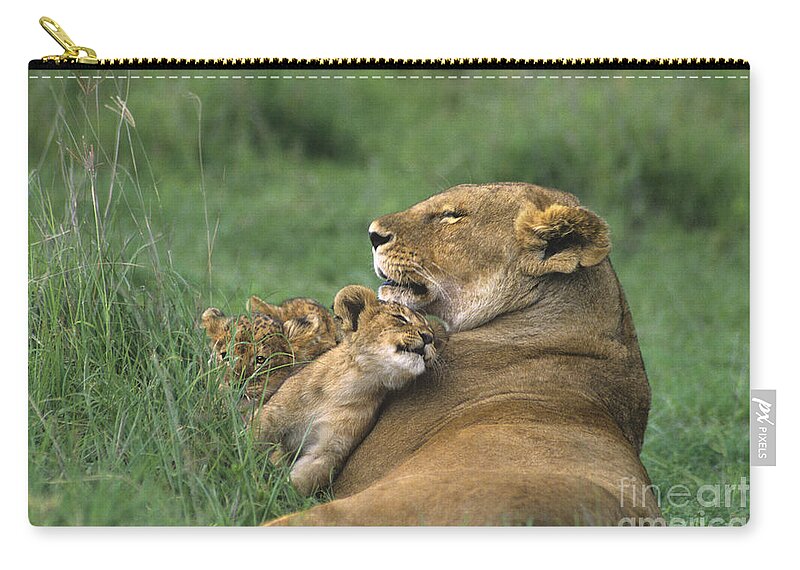 Africa Carry-all Pouch featuring the photograph African Lions Mother and Cubs Tanzania by Dave Welling