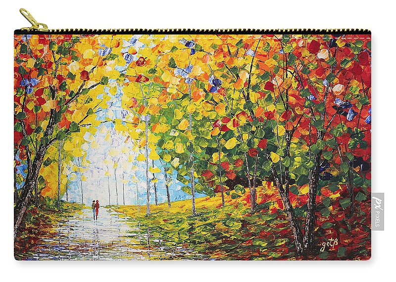Autumn Colors Zip Pouch featuring the painting After Rain Autumn Reflections acrylic palette knife painting by Georgeta Blanaru