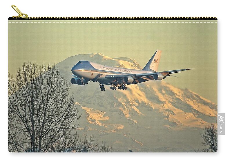 Air Force One Zip Pouch featuring the photograph Air Force One and Mt Rainier by Jeff Cook