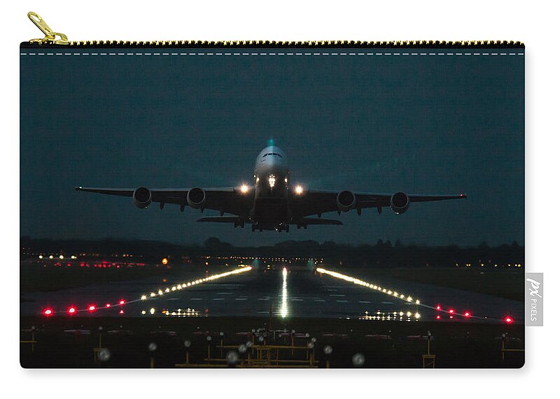 Emirates Airbus A380 Dusk Take Off London Gatwick London-gatwick Lgw Runway Jet Airline Airliner Airplane Jumbo Aeroplane Departure Dubai Zip Pouch featuring the photograph Airbus A380 take-off at dusk by Tim Beach