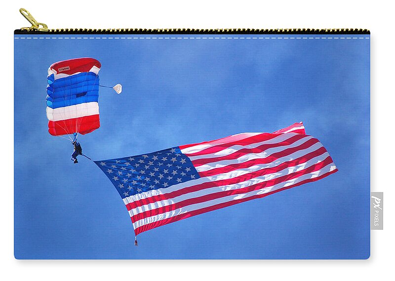 California Capital Airshow Zip Pouch featuring the photograph Airshow Flag Jumper Sunny Day by Debra Thompson