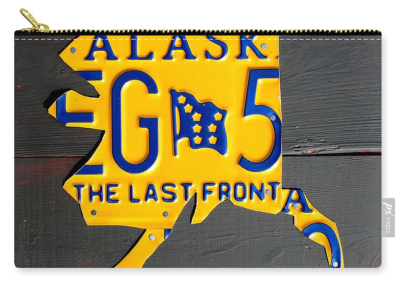Alaska Zip Pouch featuring the mixed media Alaska License Plate Map Artwork by Design Turnpike