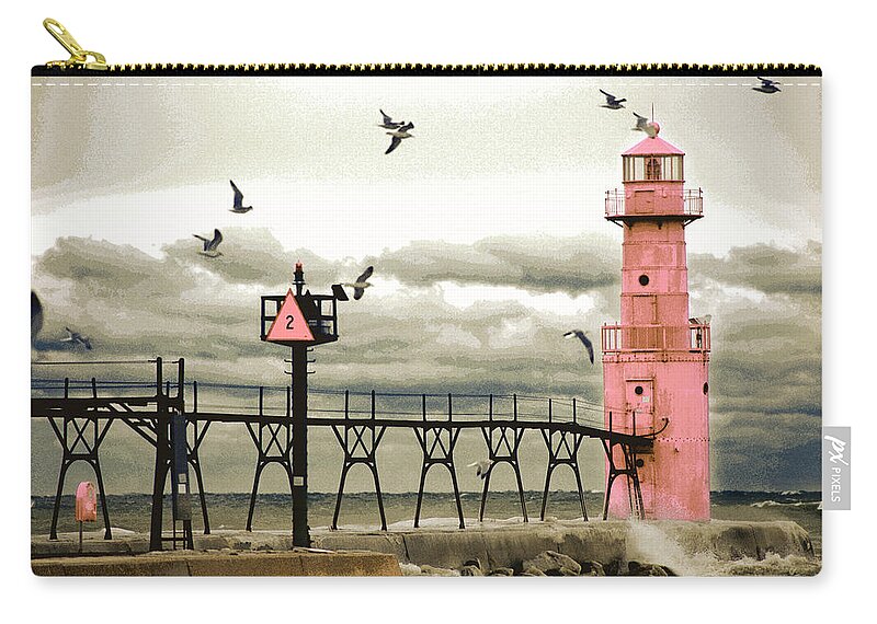 Algoma Pierhead Lighthouse Zip Pouch featuring the digital art Algoma Pierhead Lighthouse by Wernher Krutein
