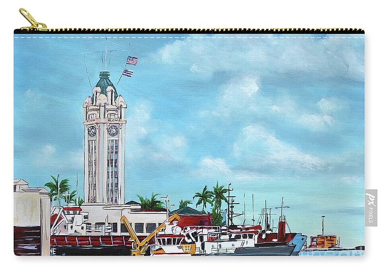 Aloha Zip Pouch featuring the painting Aloha Tower by Larry Geyrozaga