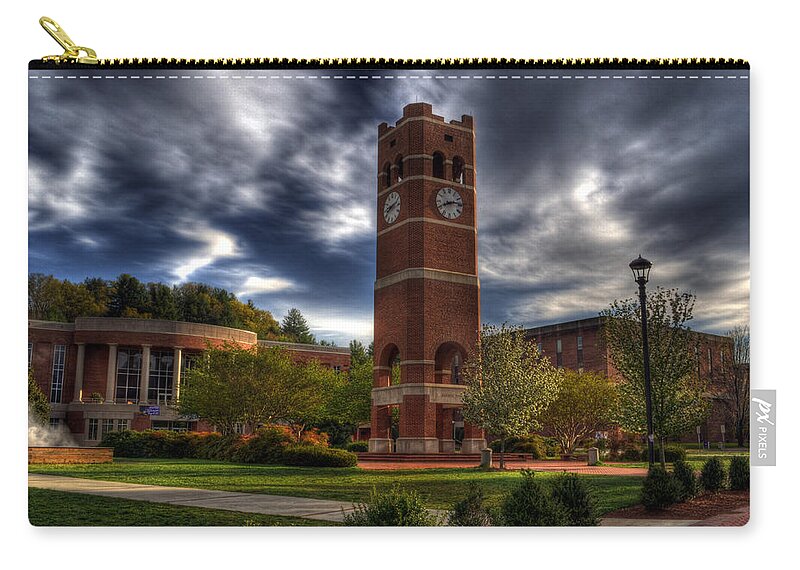 Western Carolina University Zip Pouch featuring the photograph Alumni Tower-WCU by Greg and Chrystal Mimbs