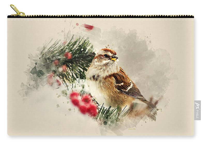 Bird Zip Pouch featuring the mixed media American Tree Sparrow Watercolor Art by Christina Rollo