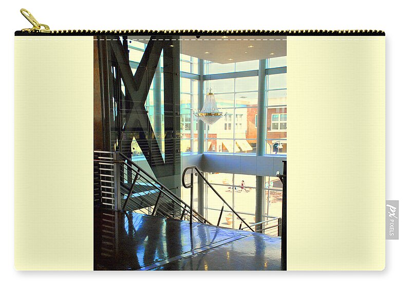 Chandelier With Staircase Zip Pouch featuring the digital art Angelika Theater Lobby Upstairs by Pamela Smale Williams