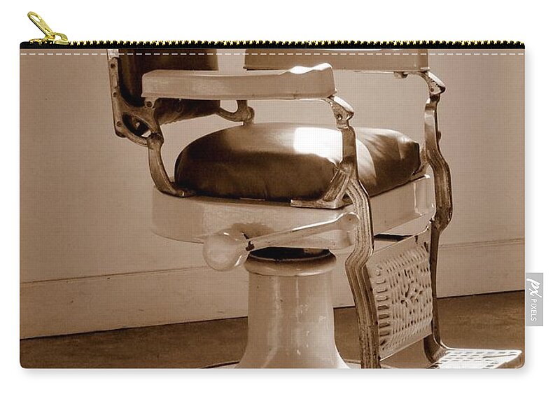 Sepia Zip Pouch featuring the photograph Antiquated Barber Chair in Sepia by Mary Deal