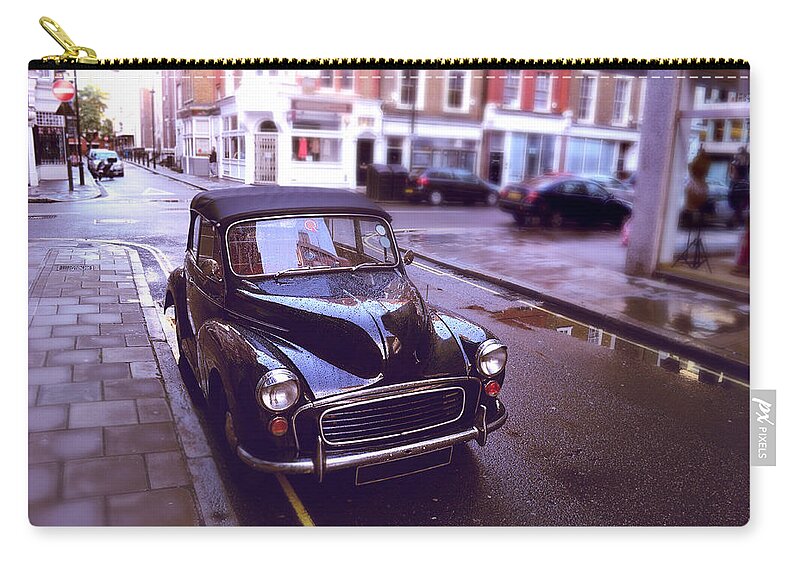 Car Zip Pouch featuring the photograph Antique Car Parked On Wet London Street by Jaminwell