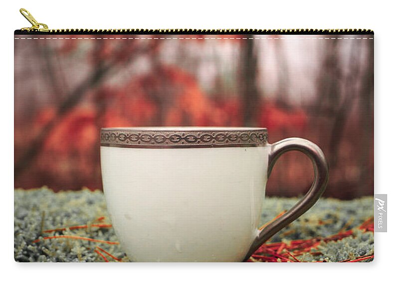 Tea Zip Pouch featuring the photograph Antique teacup in the woods by Edward Fielding