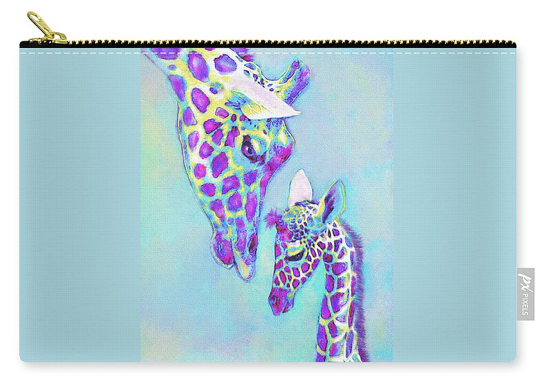 Jane Schnetlage Zip Pouch featuring the digital art Aqua And Purple Loving Giraffes by Jane Schnetlage