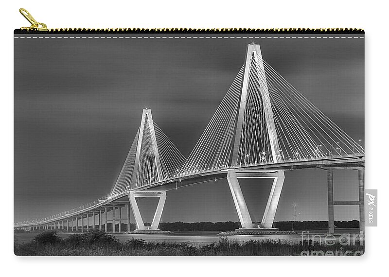Ravenel Bridge Zip Pouch featuring the photograph Arthur Ravenel Jr. Bridge In Black And White by Adam Jewell