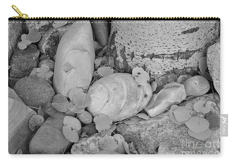 Aspen Carry-all Pouch featuring the photograph Aspen Leaves on the Rocks - black and white by Dorrene BrownButterfield