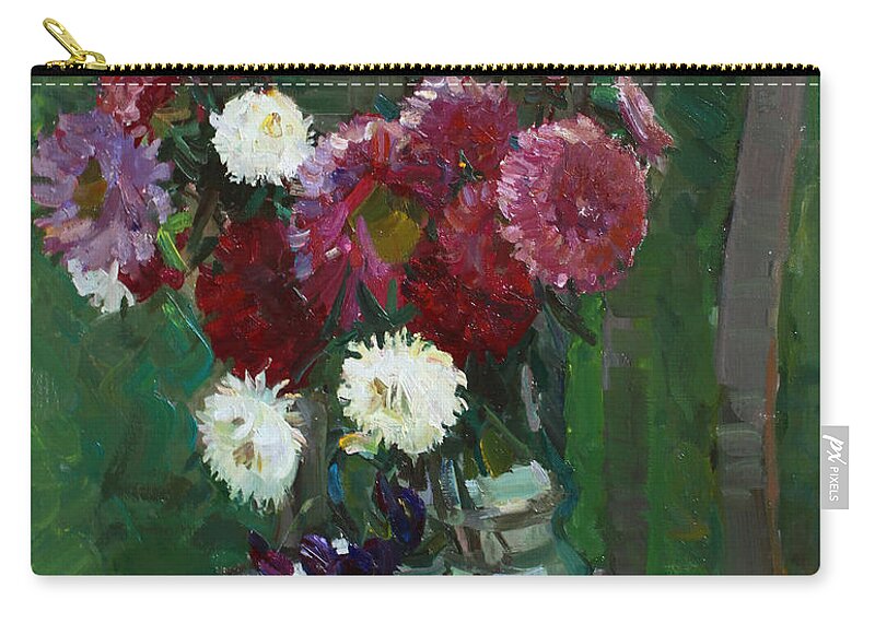 Aster Zip Pouch featuring the painting Asters in the first frosts by Juliya Zhukova
