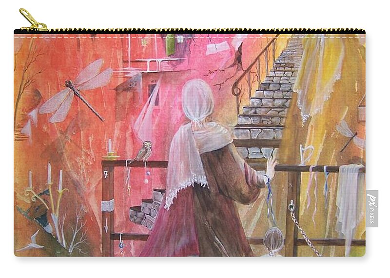 Ladies Zip Pouch featuring the painting At The Top Of The Stairs by Jackie Mueller-Jones