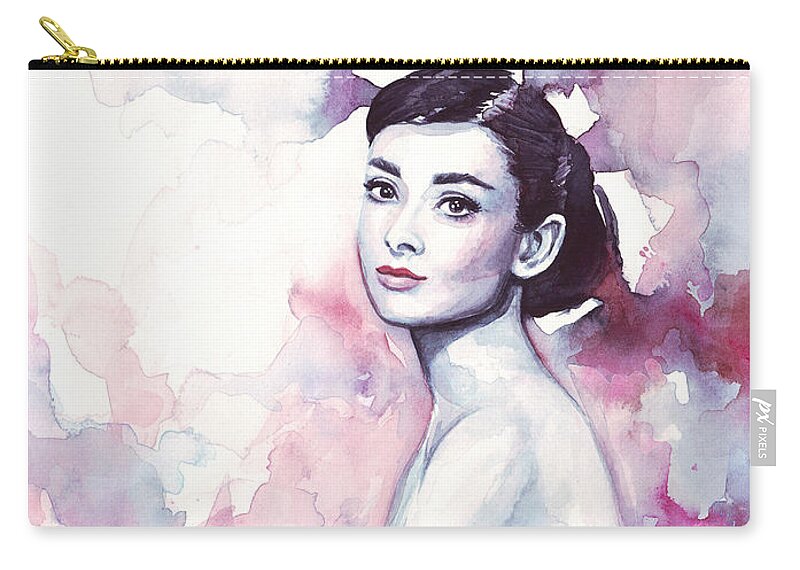 Fashion Watercolor Zip Pouch featuring the painting Audrey Hepburn Portrait #4 by Olga Shvartsur