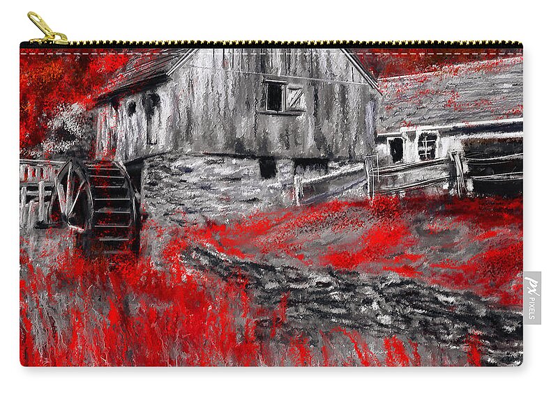 Gray And Red Art Zip Pouch featuring the painting Autumn Promise- Red and Gray Art by Lourry Legarde