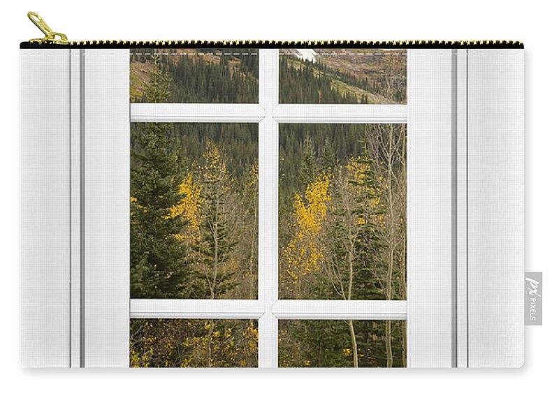 Windows Zip Pouch featuring the photograph Autumn Rocky Mountain Glacier View Through a White Window Frame by James BO Insogna