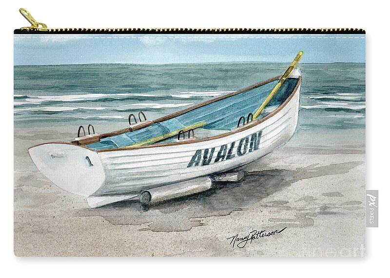 Lifeguard Boat Zip Pouch featuring the painting Avalon Lifeguard Boat by Nancy Patterson