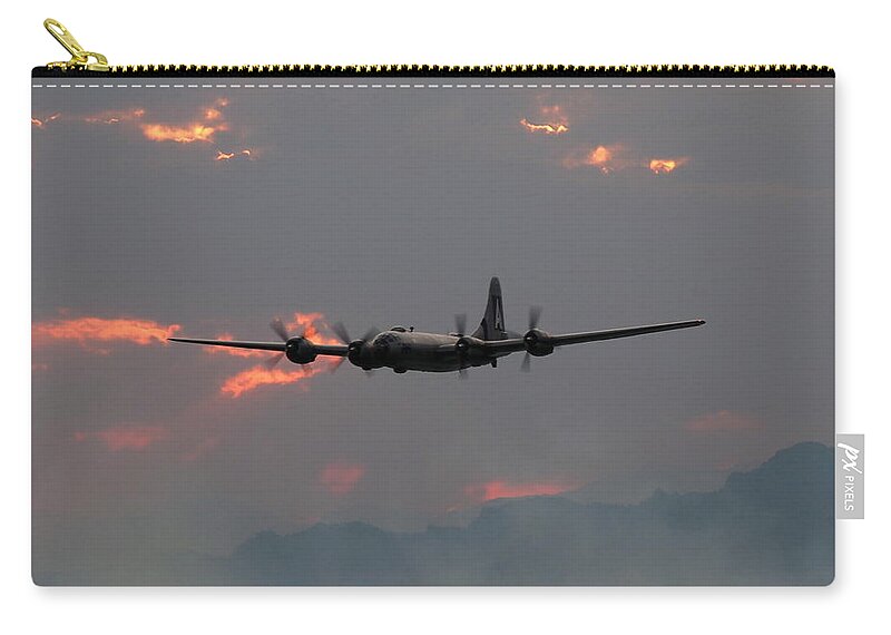 Aircraft Zip Pouch featuring the photograph B-29 Bomber Aircraft in Sunset Flight by Amy McDaniel