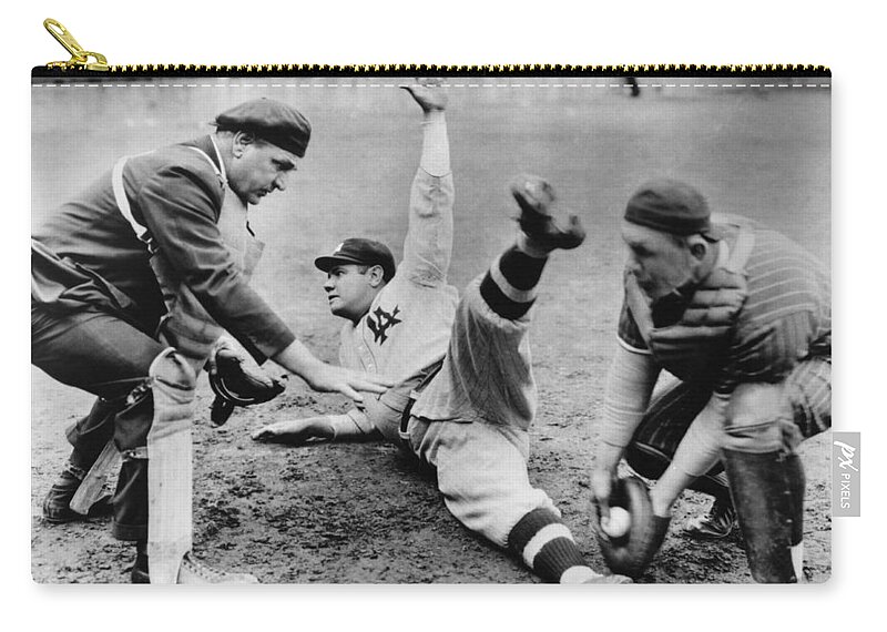 1920's Zip Pouch featuring the photograph Babe Ruth Slides Home by Underwood Archives