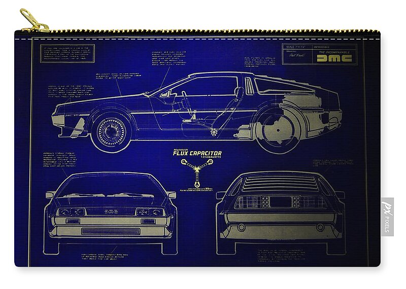 Delorean Zip Pouch featuring the photograph Back to the Future DeLorean Blueprint 2 by Tommy Anderson