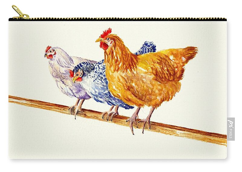Hens Zip Pouch featuring the painting Balancing Chickens by Debra Hall