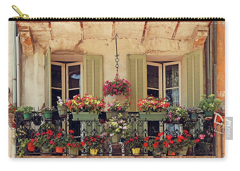 Shutter Zip Pouch featuring the photograph Balcony Decorated With Flowers by Mammuth