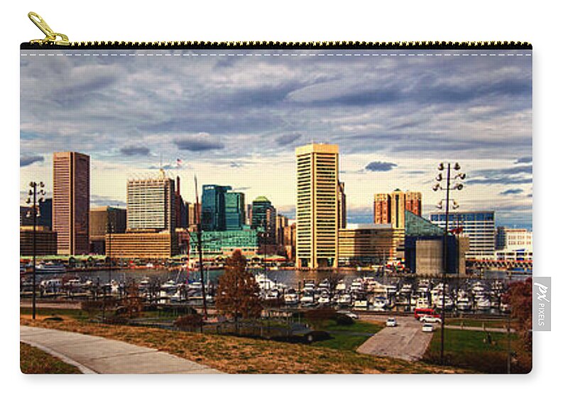 Baltimore Inner Harbor Zip Pouch featuring the photograph Baltimore Inner Harbor Skyline Panorama by Bill Swartwout